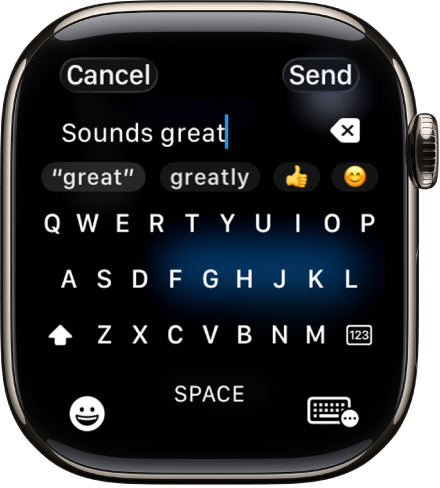 Teksto lauko ekrane rodoma žinutė, sukurta ekranine klaviatūra. Ekrano apačioje yra mygtukai „Emoji“ ir „Onscreen Keyboard“.