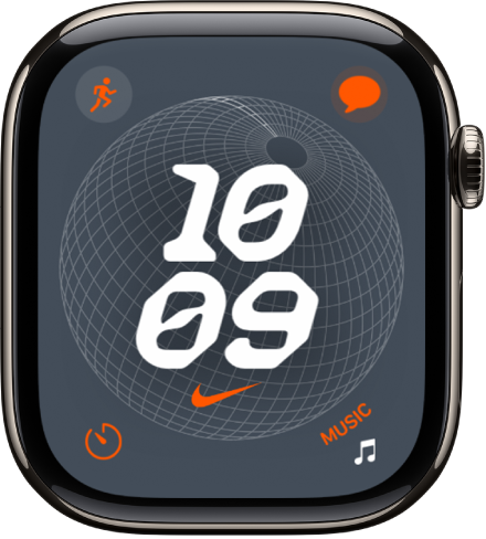 Laikrodžio ciferblate „Nike Globe“ rodomas skaitmeninis laikrodis (viduryje) ir keturi tolesni valdikliai. Valdiklis „Workout“ pateiktas viršuje kairėje, „Messages“ pateiktas viršuje dešinėje, „Timer“ pateiktas apačioje kairėje, o „Music“ – apačioje dešinėje.