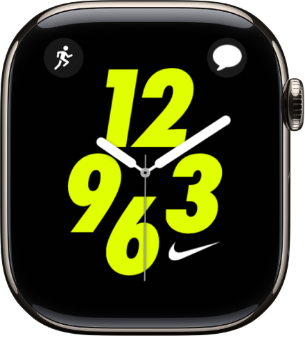 Ciparnīca Nike Analog ar papildrīku Workout augšējā kreisajā stūrī un papildrīku Messages augšējā labajā stūrī. Centrā ir analogā ciparnīca.
