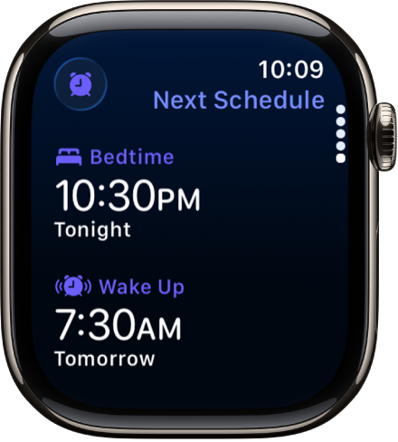 Lietotne Sleep Apple Watch pulkstenī, kurā redzams vakara miega grafiks. Augšā tiek rādīts gulētiešanas laiks, zem tā redzams Wake Up laiks.