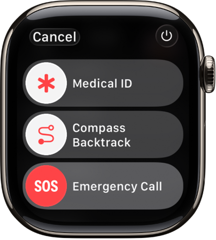 Apple Watch ekrānā redzami Medical ID, Compass Backtrack un Emergency Call slīdņi. Augšējā labajā stūrī atrodas poga Power.