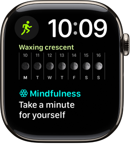 Ciparnīcā Modular Duo redzams digitālais pulkstenis augšējā labajā malā un trīs papildinājumi: Workout augšējā kreisajā stūrī, Moon Phase vidū un Mindfulness apakšējā daļā.