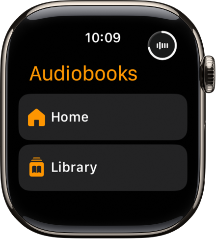 Lietotne Audiobooks, kurā ir redzamas pogas Home un Library.