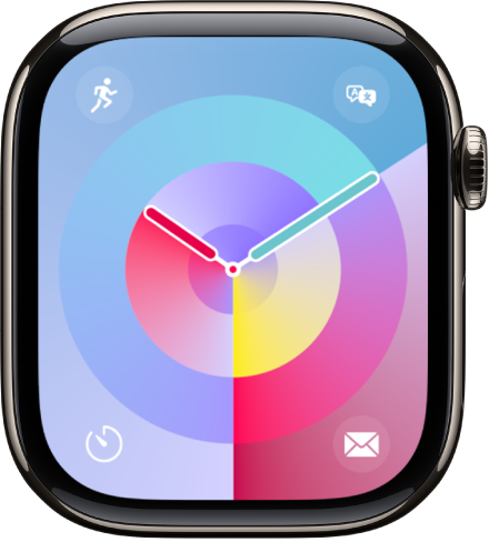 Ciparnīca Palette ar analogo pulksteni vidū un četriem papildinājumiem: Workout augšējā kreisajā stūrī, Translate augšējā labajā stūrī, Timer apakšējā kreisajā stūrī un Mail apakšējā labajā stūrī.
