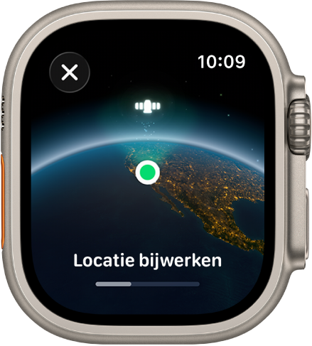 Een scherm waarin 'Locatie bijwerken' staat, met een voortgangsbalk en een beeld van de aarde vanuit de ruimte met een groene stip als locatie-indicator.