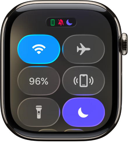 Het bedieningspaneel met zes knoppen: de wifiknop, de knop 'Stuur signaal naar iPhone', de batterijknop, de knop 'Stille modus', de theatermodusknop en 'Niet storen'.