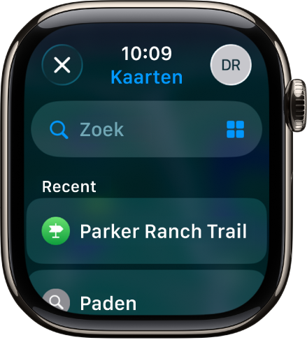 Het zoekscherm in de Kaarten app, met bovenin het zoekveld. Onderaan staat een lijst met recente zoekopdrachten.