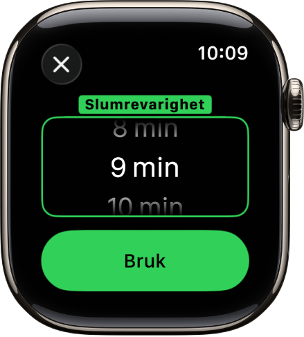 En skjerm på en klokke, som viser valgene for å angi Slumrevarighet i Alarmer-appen.