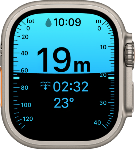 En Dybde-skjerm på Apple Watch Ultra, som viser gjeldende dybde, medgått tid og vanntemperatur.