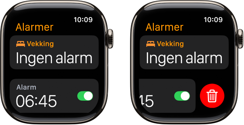 To Apple Watch-skjermer viser hvordan du sletter en alarm.