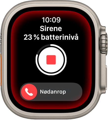 Sirenen teller ned. Batterinivået vises nær toppen, en Spill av-knapp vises i midten, og skyveknappen for Nødanrop vises nederst.