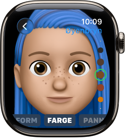 Memoji-appen på Apple Watch som viser Nese-redigeringsskjermen. Det vises et nærbilde av ansiktet med nesen i fokus. Ordet Farge vises nederst.