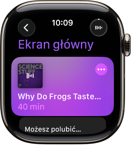 Aplikacja Podcasty na Apple Watch wyświetlająca ekran główny z grafiką podcastu. Stuknij w grafikę, aby włączyć odtwarzanie odcinka.