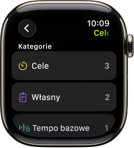 Aplikacja Trening pokazująca utworzone cele, własne treningi i trening z tempem bazowym.