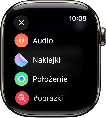 Ekran aplikacji Wiadomości wyświetlający opcje dodawania załącznika: Audio, Naklejki, Położenie oraz Obrazki.