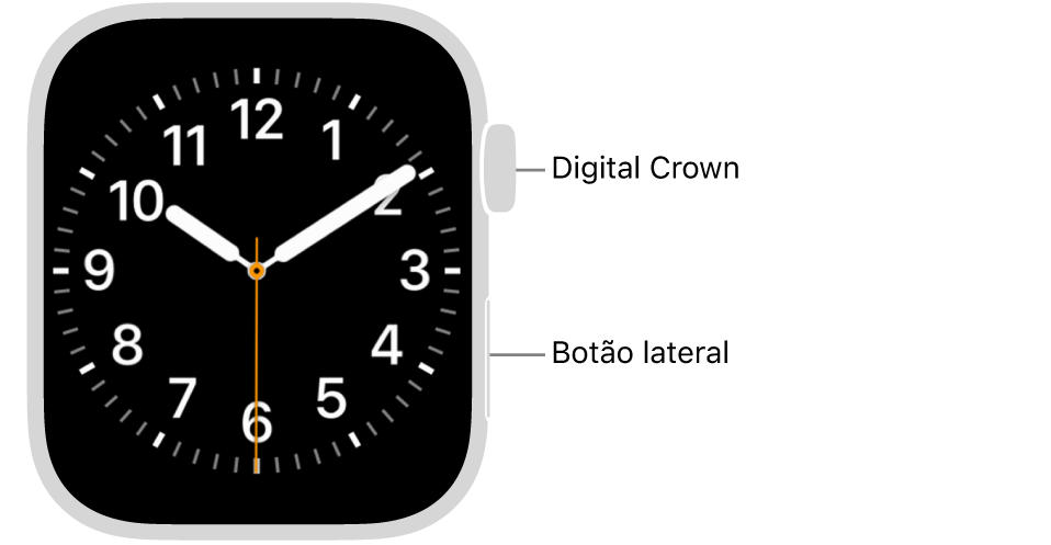 Apple Watch visto de frente, com a Digital Crown em cima, no lado direito do relógio, e o botão lateral em baixo, à direita.