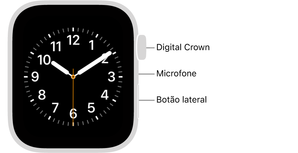 Apple Watch SE 3 visto de frente com o ecrã a apresentar o mostrador e a Digital Crown, o microfone e o botão lateral, de cima para baixo, na parte lateral do relógio.