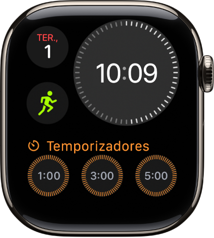 O mostrador “Modular compacto” com um relógio digital junto ao canto superior direito, a data e hora no canto superior esquerdo, e duas complicações. “Treino” está à esquerda ao centro e “Estado de espírito” está na parte inferior.