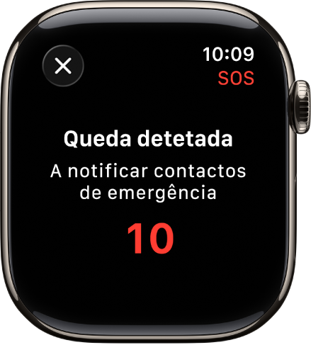 Um ecrã a mostrar “Queda detetada” e uma contagem decrescente para notificar contactos de emergência.