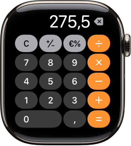 Apple Watch a mostrar a aplicação Calculadora. O ecrã mostra um teclado numérico típico com funções matemáticas do lado direito. Ao longo da parte superior, contém os botões C, mais ou menos e o de gorjeta.