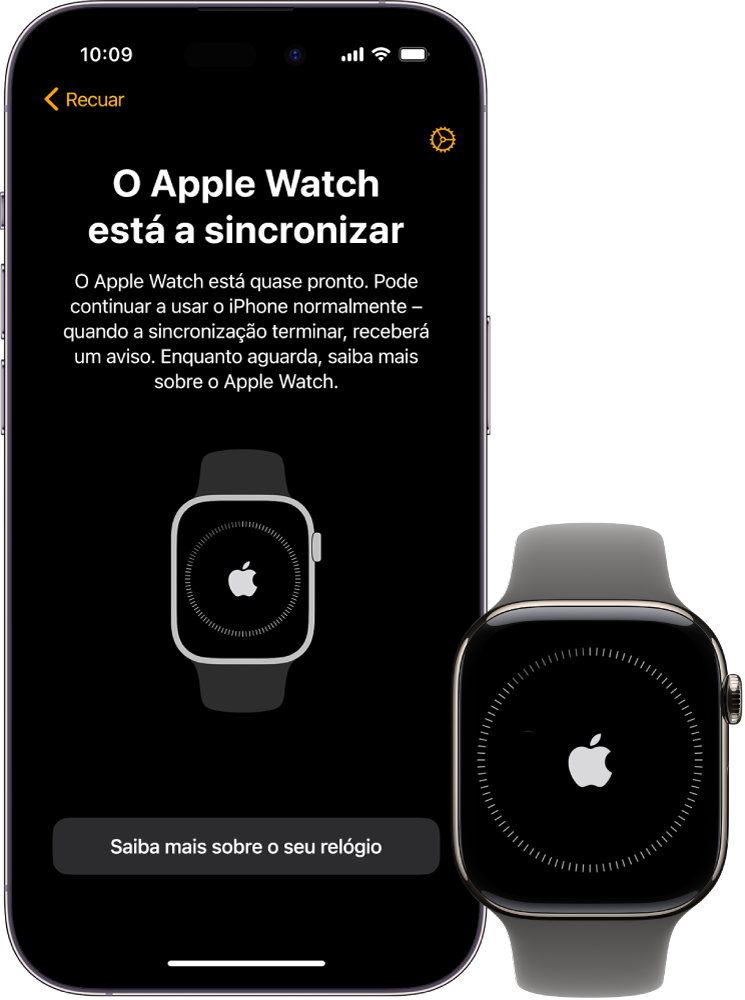 Um iPhone e um Apple Watch com os respetivos ecrãs de sincronização.