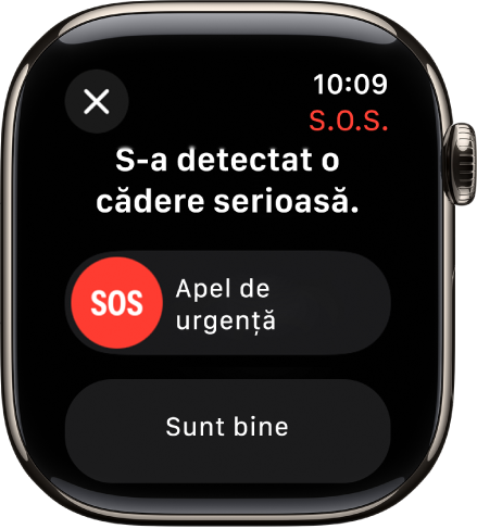 Ecranul „Detectare cădere” afișând glisorul S.O.S. pentru inițierea unui apel de urgență.