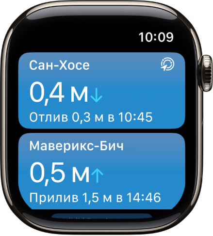 Экран приложения «Волны». Показан список геопозиций с информацией о волнах.