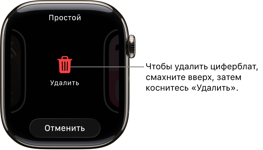Экран Apple Watch с кнопками «Удалить» и «Отменить»: они отображаются, когда Вы смахиваете к циферблату, а затем смахиваете вверх для его удаления.