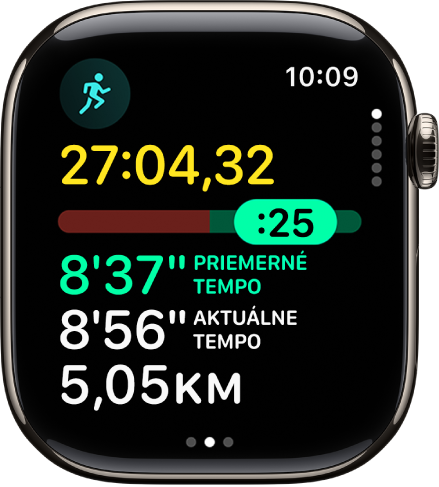 Apka Tréning na hodinkách Apple Watch so zobrazením Tempo v tréningu Beh vonku. Navrchu sa zobrazuje trvanie behu. Pod tým je posuvník znázorňujúci, nakoľko popredu alebo pozadu ste v porovnaní s nastaveným tempom. Nižšie sa zobrazuje priemerné tempo, aktuálne tempo a vzdialenosť.