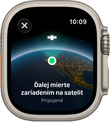 Na obrazovke je ikona satelitu nad zakriveným zemským povrchom, zelený indikátor pripojenia a text Ďalej mierte zariadením na satelit.