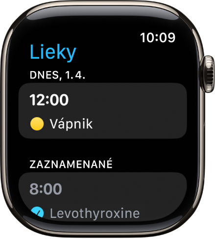 Apka Lieky zobrazujúca zaznamenané lieky.