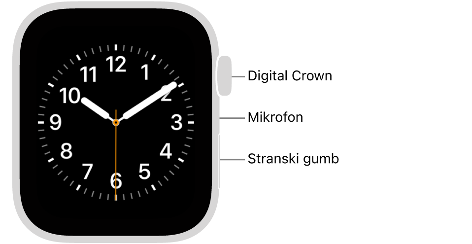 Sprednji del ure Apple Watch SE 3 s prikazano številčnico na zaslonu ter z gumbom Digital Crown, mikrofonom in stranskim gumbom od zgoraj navzdol na stranskem delu ure.