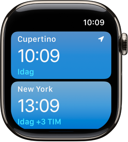 Appen Världsklocka med en lista över städer.