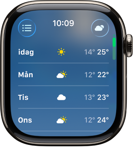 Skärmen för 10-dygnsprognos visar beräknade lägsta och högsta temperaturer under fyra dagar.