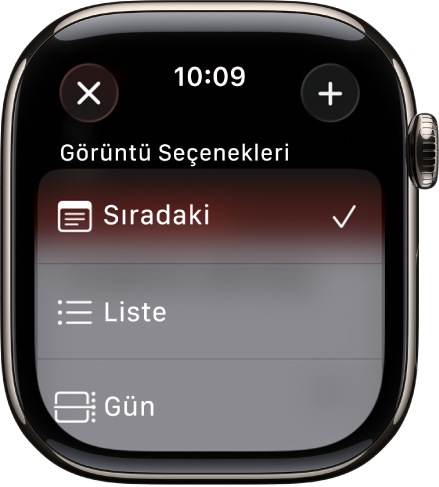 Görüntü seçeneklerini (Sıradaki, Liste ve Gün) gösteren Takvim ekranı. Ekle düğmesi sağ üstte.