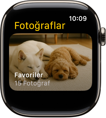 Apple Watch’taki Fotoğraflar uygulaması Favoriler adlı bir albümü gösteriyor.
