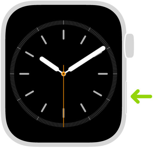 Apple Watch 插圖,帶有指向右下方側邊按鈕的箭頭。