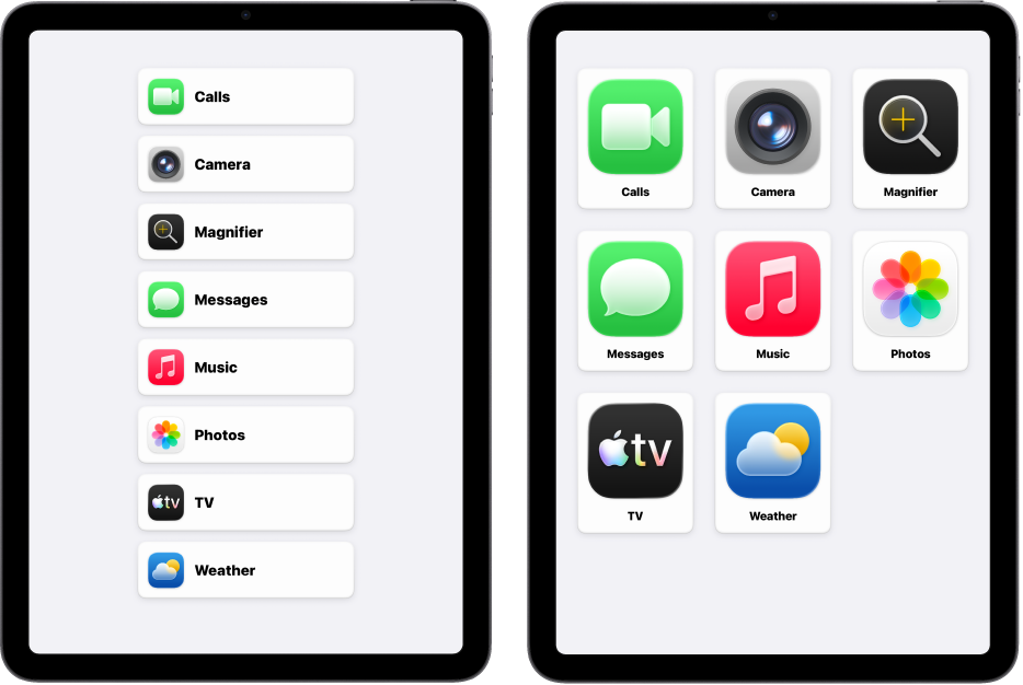 Deux écrans d’iPad dans Accès d’aide. L’un affiche l’écran d’accueil avec des apps présentées en rangs superposés. L’autre affiche les apps en plus grand et disposées sous forme de grille.
