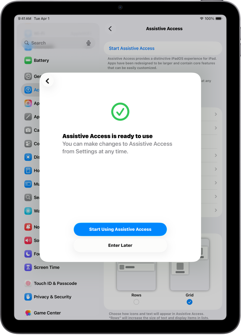 iPad menampilkan bahwa Akses Bantuan siap digunakan dengan tombol di bagian bawah untuk masuk ke Akses Bantuan.