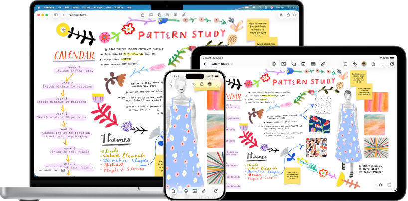 Mac, iPhone ו-iPad שבהם פתוח אותו לוח Freeform.