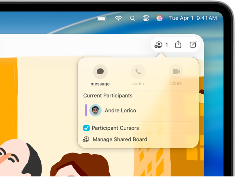 O app Freeform mostrando o menu pop‑up de colaboração com mais um participante.