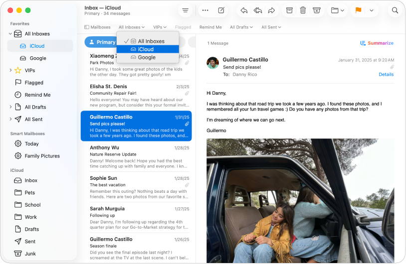 In einem Fenster der App „Mail“ wird das Menü für „Ale Postfächer“ in der Favoritenleiste angezeigt.