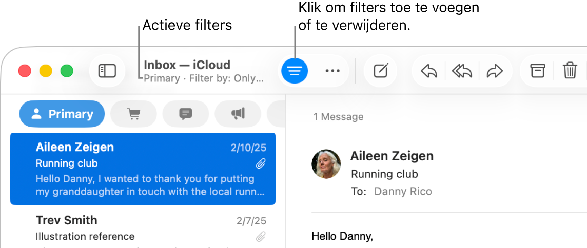 Het Mail-venster met boven de berichtenlijst de knoppenbalk waarin de toegepaste filters worden weergegeven, zoals 'Alleen mail met bijlagen'.