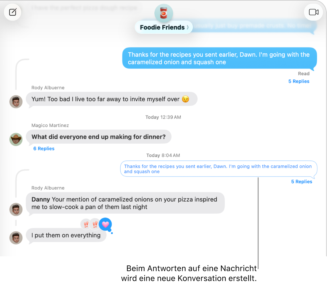 Das Fenster „Nachrichten“ zeigt eine Konversation mit einem neuen Nachrichten-Thread unter einer bestimmten Nachricht.