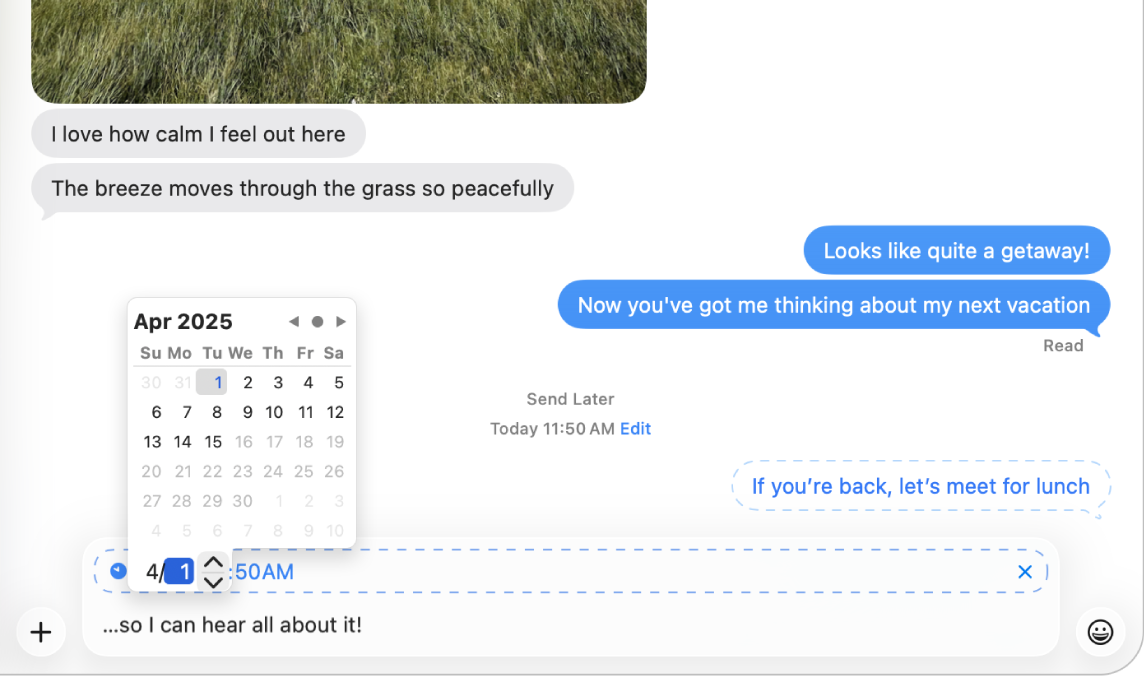 Una conversación de Mensajes con un mensaje programado para enviarse más tarde en la parte inferior. Una línea discontinua rodea el mensaje programado y un botón en la parte superior del campo de texto muestra la hora programada del mensaje.