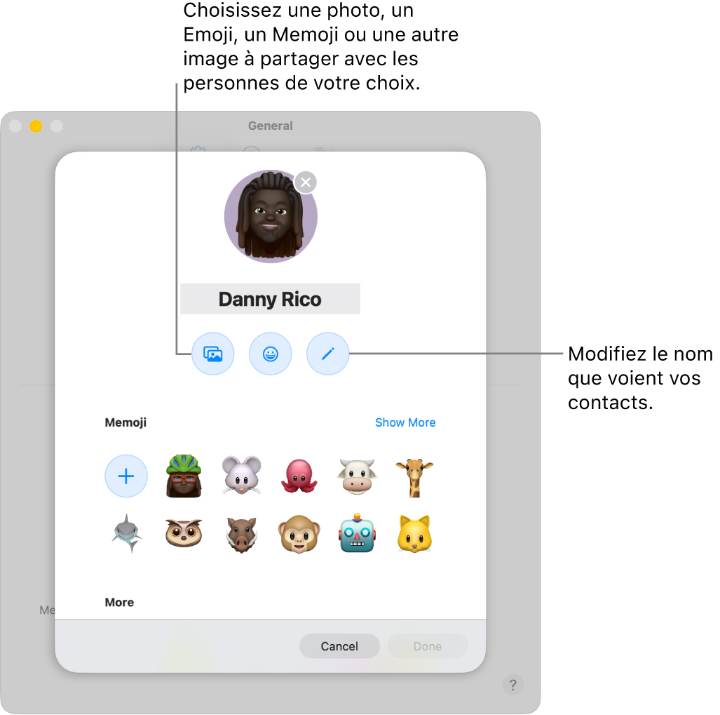 La zone de dialogue de partage du nom et de la photo, affichant les options permettant de modifier le nom que vos contacts voient et de choisir une photo, un Emoji, un Memoji ou une autre image.