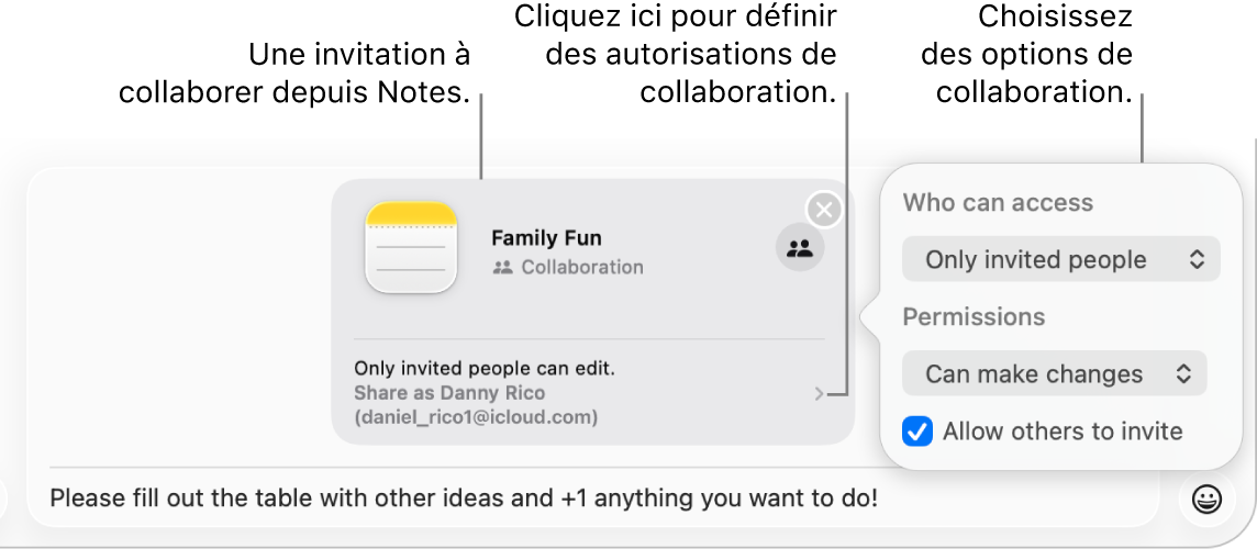 Gros plan sur le champ du message texte en bas de la conversation Messages. Vous pouvez voir une invitation à collaborer sur une note. Vous pouvez cliquer sur le côté droit de l’invitation pour définir les autorisations de collaboration.