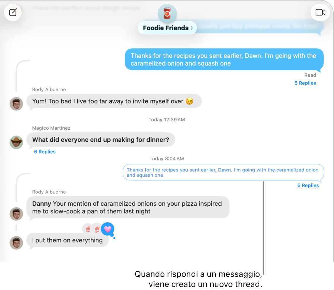 La finestra di Messaggi che mostra una conversazione con un nuovo thread sotto un messaggio specifico.