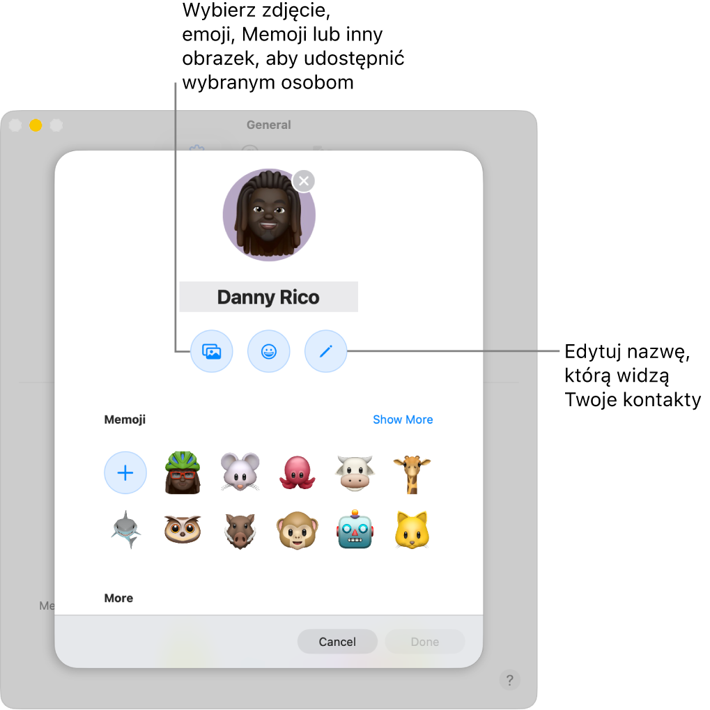 Okno dialogowe Udostępnianie nazwy i zdjęcia, zawierające opcje edycji nazwy, którą widzą Twoje kontakty, oraz wybrania zdjęcia, emoji, Memoji lub innego obrazka.