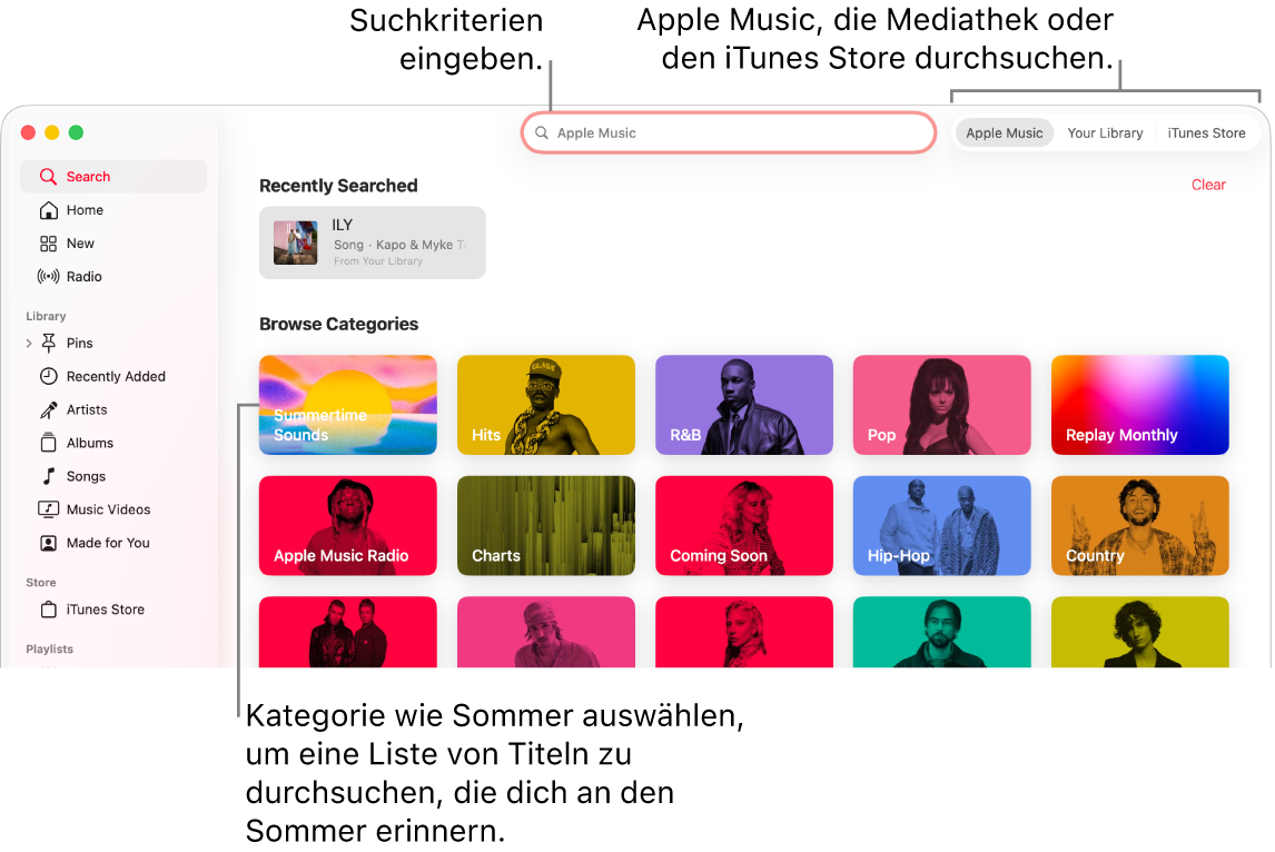Das Apple Music-Fenster mit den Suchfeldern, der Kategorienliste in der Fenstermitte und den Optionen „Apple Music“, „Deine Mediathek“ und „iTunes Store“ oben rechts. Gib Suchkriterien in das Suchfeld ein und wähle dann aus, ob Apple Music, nur deine Mediathek oder der iTunes Store durchsucht werden soll.